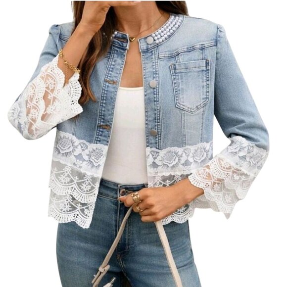 Emery Rose Lightweight Denim Pearl Collar Lace Trim Jacket Size XXL - Picture 1 of 11